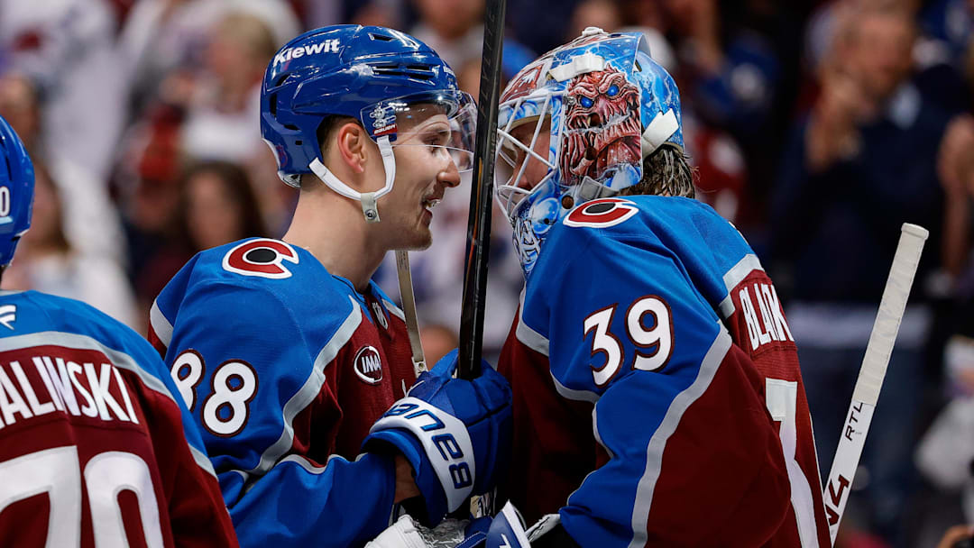 Apr 9, 2026; Denver, Colorado, USA; Colorado Avalanche center Martin Necas (88) celebrates with goaltender MacKenzie Blackwood (39) after the game against the Calgary Flames at Ball Arena. Mandatory Credit: Isaiah J. Downing-Imagn Images