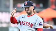Aug 27, 2025; Baltimore, Maryland, USA;  Boston Red Sox third baseman Alex Bregman (2) gestures on the field before the game between the Baltimore Orioles and the Boston Red Sox at Oriole Park at Camden Yards. Mandatory Credit: James A. Pittman-Imagn Images