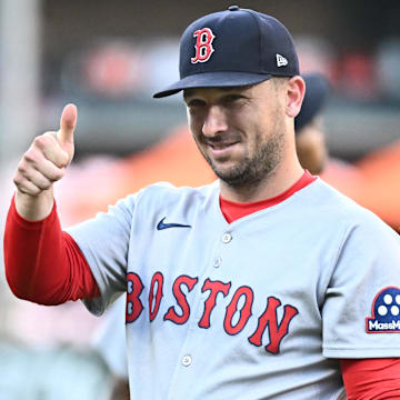 Aug 27, 2025; Baltimore, Maryland, USA;  Boston Red Sox third baseman Alex Bregman (2) gestures on the field before the game between the Baltimore Orioles and the Boston Red Sox at Oriole Park at Camden Yards. Mandatory Credit: James A. Pittman-Imagn Images