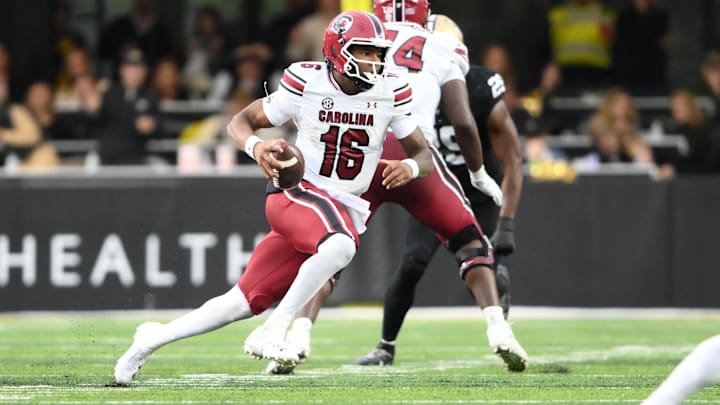 Nov 9, 2024; Nashville, Tennessee, USA;  South Carolina Gamecocks quarterback LaNorris Sellers (16) runs the ball against the Vanderbilt Commodores during the first half at FirstBank Stadium. Mandatory Credit: Steve Roberts-Imagn Images