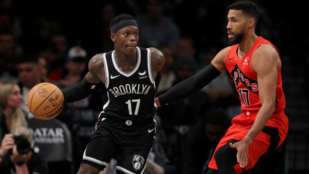 Apr 10, 2024; Brooklyn, New York, USA; Brooklyn Nets guard Dennis Schroder (17) handles the ball