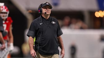 Nov 28, 2025; Atlanta, Georgia, USA; Georgia Bulldogs head coach Kirby Smart on the sideline against the Georgia Tech Yellow Jackets in the second quarter at Mercedes-Benz Stadium. Mandatory Credit: Brett Davis-Imagn Images
