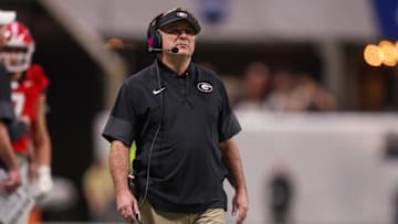 Nov 28, 2025; Atlanta, Georgia, USA; Georgia Bulldogs head coach Kirby Smart on the sideline against the Georgia Tech Yellow Jackets in the second quarter at Mercedes-Benz Stadium. Mandatory Credit: Brett Davis-Imagn Images