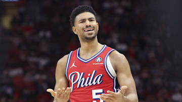 Mar 17, 2025; Houston, Texas, USA; Philadelphia 76ers guard Quentin Grimes (5) reacts after a play during the third quarter against the Houston Rockets at Toyota Center. Mandatory Credit: Troy Taormina-Imagn Images