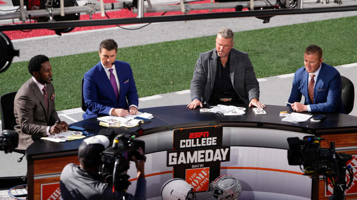 Oct 21, 2023; Columbus, Ohio, USA; The ESPN College Gameday crew broadcasts from the field prior to the NCAA football game between the Ohio State Buckeyes and the Penn State Nittany Lions at Ohio Stadium.