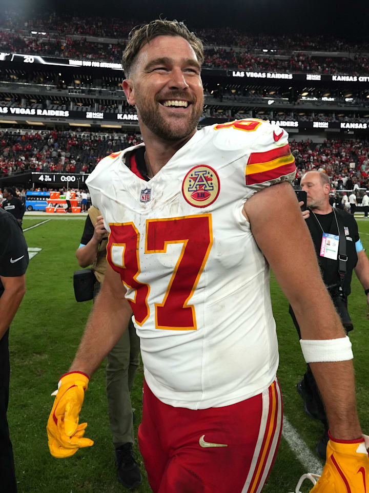 Kansas City Chiefs tight end Travis Kelce reacts after the game against the Las Vegas Raiders on Oct. 27, 2024.