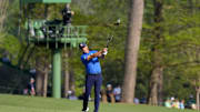 Bryson DeChambeau hits on no. 13 during the first round of the Masters Tournament. 