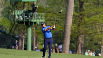 Bryson DeChambeau hits on no. 13 during the first round of the Masters Tournament. 