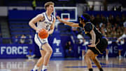 Jan 11, 2025; Colorado Springs, Colorado, USA; Air Force Falcons forward Will Cooper (6) controls the ball as San Jose State Spartans guard Donavan Yap Jr. (0) guards in the second half at Clune Arena.