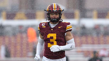 Nov 29, 2025; Minneapolis, Minnesota, USA; Minnesota Golden Gophers defensive back Koi Perich (3) warms up before the game against the Wisconsin Badgers at Huntington Bank Stadium. Mandatory Credit: Matt Krohn-Imagn Images
