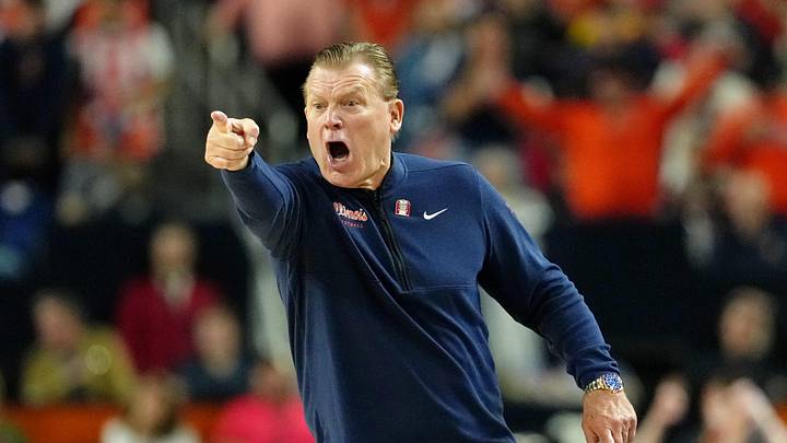 Apr 4, 2026; Indianapolis, IN, USA; Illinois Fighting Illini head coach Brad Underwood reacts after a play against the UConn Huskies during the first half of a semifinal of the Final Four of the men's 2026 NCAA Tournament at Lucas Oil Stadium. Mandatory Credit: Bob Donnan-Imagn Images
