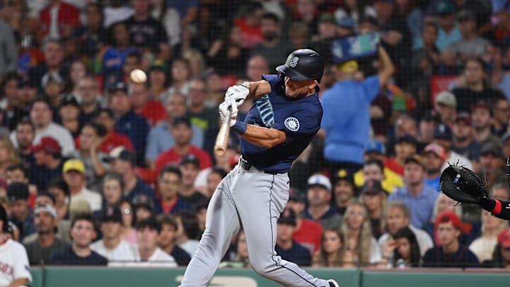 Seattle Mariners first baseman Jason Vosler (35) hits a single against the Boston Red Sox during the fifth inning at Fenway Park on July 29.