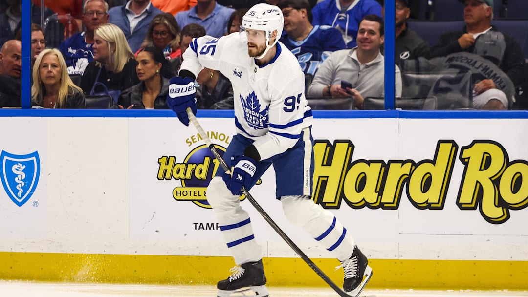 Feb 25, 2026; Tampa, Florida, USA; Toronto Maple Leafs defenseman Oliver Ekman-Larsson (95) handles the puck during the first period at Benchmark International Arena. Mandatory Credit: Morgan Tencza-Imagn Images