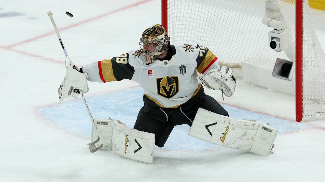 Jun 11, 2026; Raleigh, North Carolina, USA; Vegas Golden Knights goaltender Carter Hart (79) makes a save during the third period against the Carolina Hurricanes in game five of the 2026 Stanley Cup Final at Lenovo Center. Mandatory Credit: Nathan Ray Seebeck-Imagn Images