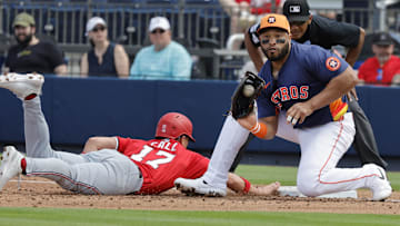 Feb 22, 2025; West Palm Beach, Florida, USA; Washington Nationals outfielder Alex Call (17) dives into first base as Houston Astros first base Jon Singleton (28) fields the ball in the second inning at CACTI Park of the Palm Beaches. Mandatory Credit: Reinhold Matay-Imagn Images