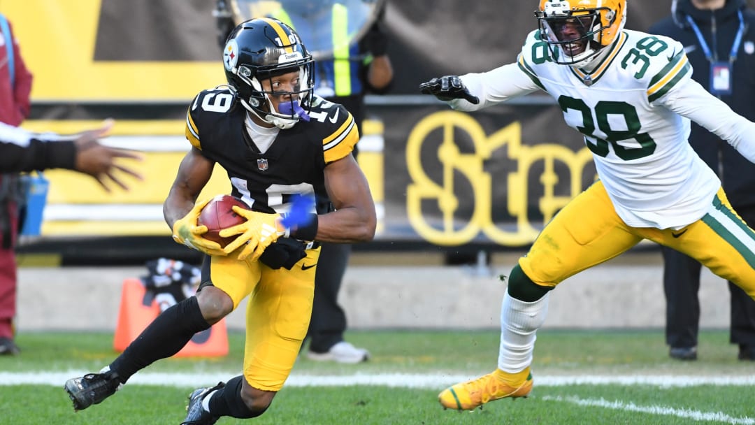 Nov 12, 2023; Pittsburgh, Pennsylvania, USA;  Pittsburgh Steelers wide receiver Calvin Austin III  against the Green Bay Packers during the fourth quarter at Acrisure Stadium. Mandatory Credit: Philip G. Pavely-USA TODAY Sports