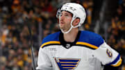 Dec 30, 2023; Pittsburgh, Pennsylvania, USA;  St. Louis Blues defenseman Marco Scandella (6) looks up at the scoreboard against the Pittsburgh Penguins during the second period at PPG Paints Arena. Mandatory Credit: Charles LeClaire-Imagn Images