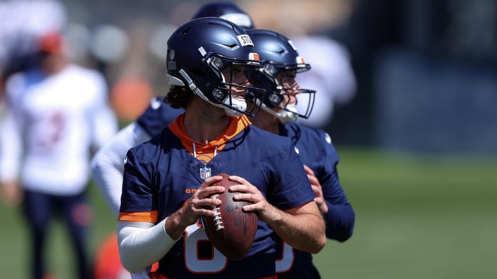 May 23, 2024; Englewood, CO, USA; Denver Broncos quarterback Jarrett Stidham (8) and quarterback Bo Nix (10) during organized team activities at Centura Health Training Center.