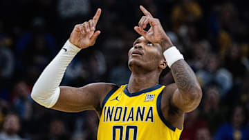 Jan 10, 2025; Indianapolis, Indiana, USA; Indiana Pacers guard Bennedict Mathurin (00) celebrates a basket in the first half Golden State Warriors at Gainbridge Fieldhouse. Mandatory Credit: Trevor Ruszkowski-Imagn Images