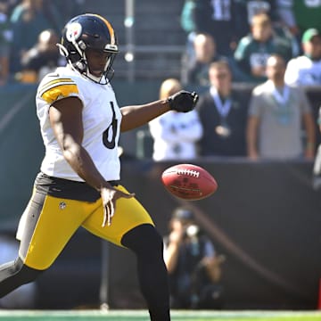 Oct 30, 2022; Philadelphia, Pennsylvania, USA; Pittsburgh Steelers punter Pressley Harvin III (6) punts the ball against the Philadelphia Eagles at Lincoln Financial Field. Mandatory Credit: Eric Hartline-Imagn Images