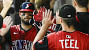 Chicago White Sox rookie Edgar Quero (7) celebrates with fellow catcher Kyle Teel against the Chicago Cubs at Rate Field. 