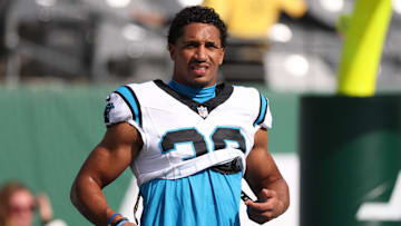Oct 19, 2025; East Rutherford, New Jersey, USA; Carolina Panthers running back Chuba Hubbard (30) on the field before the game against the New York Jets at MetLife Stadium. Mandatory Credit: Vincent Carchietta-Imagn Images