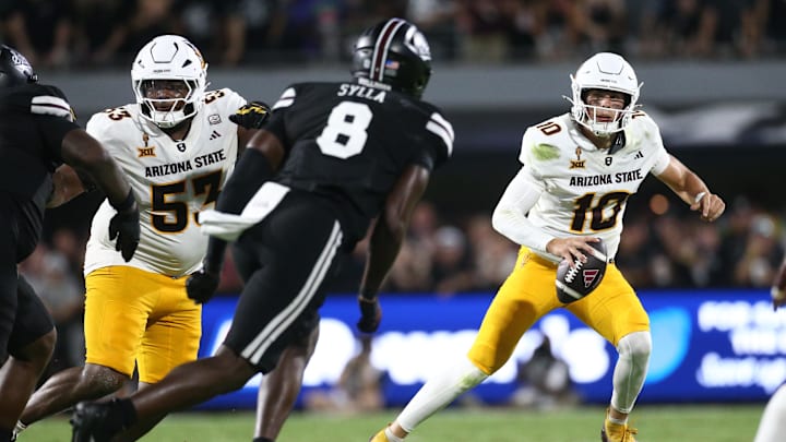 Sep 6, 2025; Starkville, Mississippi, USA; Arizona State Sun Devils quarterback Sam Leavitt (10) looks for an open receiver during the second quarter against the Mississippi State Bulldogs at Davis Wade Stadium at Scott Field. Mandatory Credit: Petre Thomas-Imagn Images Sep 6, 2025; Starkville, Mississippi, USA; Arizona State Sun Devils quarterback Sam Leavitt (10) looks for an open receiver during the second quarter against the Mississippi State Bulldogs at Davis Wade Stadium at Scott Field. Mandatory Credit: Petre Thomas-Imagn Images
