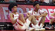 Mar 9, 2025; Piscataway, New Jersey, USA; Rutgers Scarlet Knights guard Dylan Harper (2) and Rutgers Scarlet Knights guard Ace Bailey (4) looks on during the second half against the Minnesota Golden Gophers at Jersey Mike's Arena. Mandatory Credit: Vincent Carchietta-Imagn Images