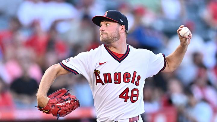 Jul 17, 2026; Anaheim, California, USA; Los Angeles Angels pitcher Reid Detmers (48) throws a pitch during the first inning against the Detroit Tigers at Angel Stadium. Mandatory Credit: William Liang-Imagn Images