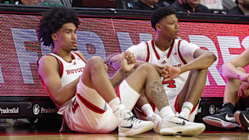 Mar 9, 2025; Piscataway, New Jersey, USA; Rutgers Scarlet Knights guard Dylan Harper (2) and Rutgers Scarlet Knights guard Ace Bailey (4) looks on during the second half against the Minnesota Golden Gophers at Jersey Mike's Arena. Mandatory Credit: Vincent Carchietta-Imagn Images