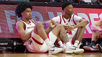 Mar 9, 2025; Piscataway, New Jersey, USA; Rutgers Scarlet Knights guard Dylan Harper (2) and Rutgers Scarlet Knights guard Ace Bailey (4) looks on during the second half against the Minnesota Golden Gophers at Jersey Mike's Arena. Mandatory Credit: Vincent Carchietta-Imagn Images