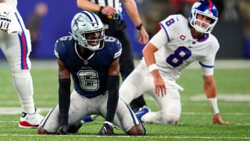 Dallas Cowboys safety Donovan Wilson (6) reacts to sacking New York Giants quarterback Daniel Jones