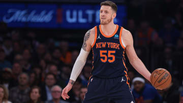 Apr 22, 2024; New York, New York, USA;  New York Knicks center Isaiah Hartenstein (55) looks to pass during the first half during game two of the first round for the 2024 NBA playoffs against the Philadelphia 76ers at Madison Square Garden. Mandatory Credit: Vincent Carchietta-USA TODAY Sports