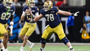 Jan 20, 2025; Atlanta, GA, USA; Notre Dame Fighting Irish offensive lineman Pat Coogan (78) against the Ohio State Buckeyes during the CFP National Championship college football game at Mercedes-Benz Stadium. Mandatory Credit: Mark J. Rebilas-Imagn Images