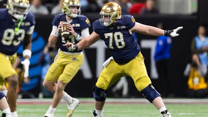 Jan 20, 2025; Atlanta, GA, USA; Notre Dame Fighting Irish offensive lineman Pat Coogan (78) against the Ohio State Buckeyes during the CFP National Championship college football game at Mercedes-Benz Stadium. Mandatory Credit: Mark J. Rebilas-Imagn Images