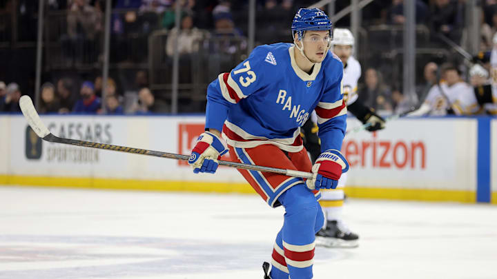 Jan 26, 2026; New York, New York, USA; New York Rangers center Matt Rempe (73) skates against the Boston Bruins during the first period at Madison Square Garden. 