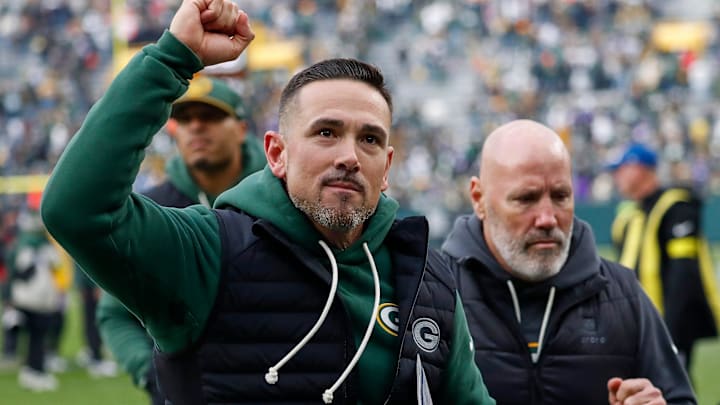 Green Bay Packers head coach Matt LaFleur pumps his fist as he runs off the field after defeating the Minnesota Vikings on Sunday, November 23, 2025, at Lambeau Field in Green Bay, Wis. The Packers won the game, 23-6.
Tork Mason/USA TODAY NETWORK-Wisconsin