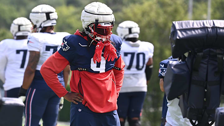 Aug 03, 2024; Foxborough, MA, USA; New England Patriots linebacker Matthew Judon (9) waits to do a drill during training camp at Gillette Stadium. Mandatory Credit: Eric Canha-USA TODAY Sports