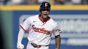 Oct 1, 2025; Cleveland, Ohio, USA; Cleveland Guardians shortstop Brayan Rocchio (4) celebrates after scoring a home run in the eighth inning against the Detroit Tigers during game two of the Wildcard round for the 2025 MLB playoffs at Progressive Field. Mandatory Credit: Ken Blaze-Imagn Images