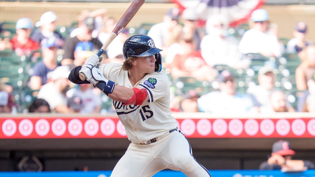 Sep 21, 2025; Minneapolis, Minnesota, USA; Minnesota Twins second base Luke Keaschall (15) at bat facing Cleveland Guardians pitcher Erik Sabrowski (62) in the seventh inning at Target Field. Sep 21, 2025; Minneapolis, Minnesota, USA; Minnesota Twins second base Luke Keaschall (15) at bat facing Cleveland Guardians pitcher Erik Sabrowski (62) in the seventh inning at Target Field.