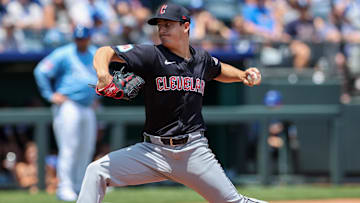 Jun 30, 2024; Kansas City, Missouri, USA; Cleveland Guardians pitcher Logan Allen (41) pitches during the first inning against the Kansas City Royals at Kauffman Stadium. Mandatory Credit: William Purnell-Imagn Images