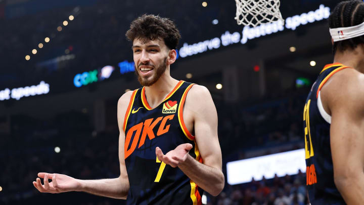 Apr 14, 2024; Oklahoma City, Oklahoma, USA; Oklahoma City Thunder forward Chet Holmgren (7) reacts to an officials call after a play against the Dallas Mavericks during the second quarter at Paycom Center. Mandatory Credit: Alonzo Adams-USA TODAY Sports