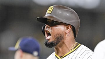 Sep 22, 2025; San Diego, California, USA; San Diego Padres first baseman Luis Arraez (4) celebrates after hitting an RBI single during the seventh inning against the Milwaukee Brewers at Petco Park. Mandatory Credit: Denis Poroy-Imagn Images