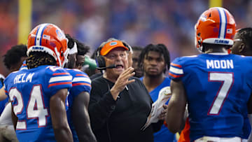 Sep 18, 2021; Gainesville, Florida, USA; Florida Gators defensive coordinator Todd Grantham against the Alabama Crimson Tide at Ben Hill Griffin Stadium. Mandatory Credit: Mark J. Rebilas-Imagn Images