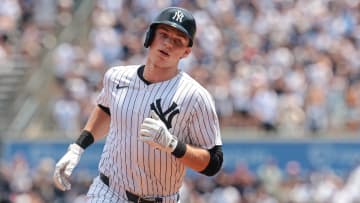 Jul 6, 2024; Bronx, New York, USA; New York Yankees first baseman Ben Rice (93) runs the bases after his solo home run during the first inning against the Boston Red Sox at Yankee Stadium. Mandatory Credit: Vincent Carchietta-USA TODAY Sports