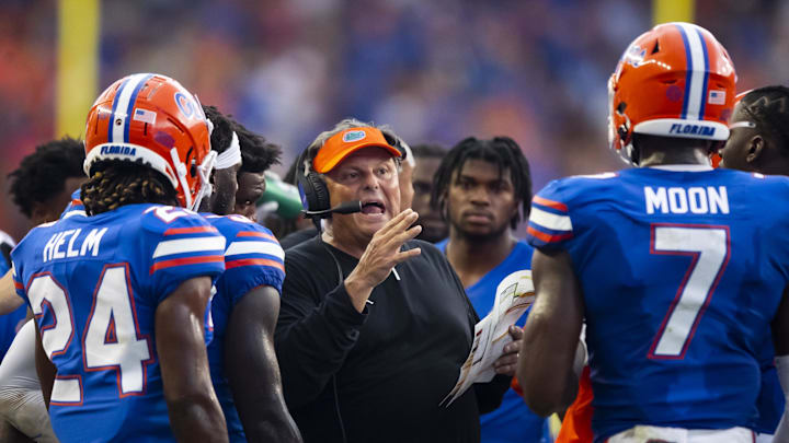 Sep 18, 2021; Gainesville, Florida, USA; Florida Gators defensive coordinator Todd Grantham against the Alabama Crimson Tide at Ben Hill Griffin Stadium. Mandatory Credit: Mark J. Rebilas-Imagn Images