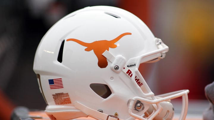 Nov 5, 2016; Lubbock, TX, USA;  A University of Texas Longhorns helmet sits on the bench during the game against the Texas Tech Red Raiders at Jones AT&T Stadium. Mandatory Credit: Michael C. Johnson-Imagn Images