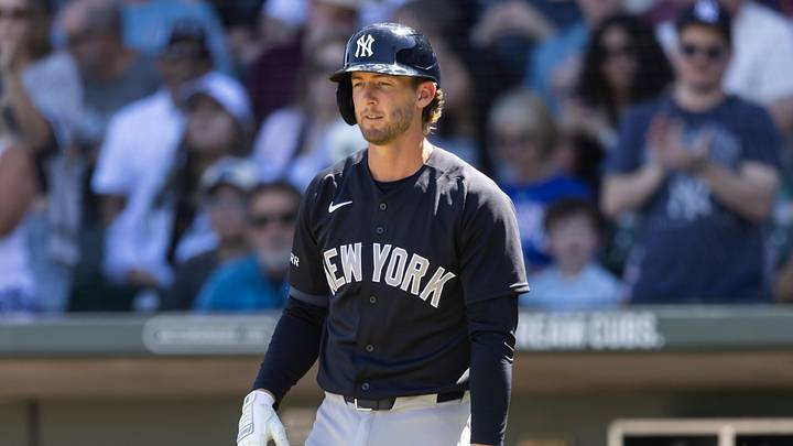 Mar 24, 2026; Mesa, Arizona, USA; New York Yankees third baseman Ryan McMahon against the Chicago Cubs during spring training at Sloan Park. Mandatory Credit: Mark J. Rebilas-Imagn Images