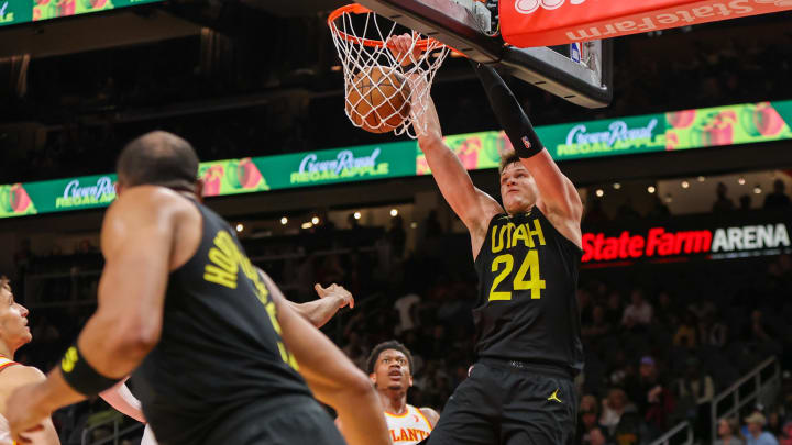 Feb 27, 2024; Atlanta, Georgia, USA; Utah Jazz center Walker Kessler (24) dunks against the Atlanta Hawks in the second half at State Farm Arena. Mandatory Credit: Brett Davis-USA TODAY Sports