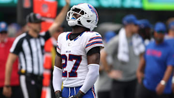 Sep 14, 2025; East Rutherford, New Jersey, USA; Buffalo Bills cornerback Tre'Davious White (27) reacts against the New York Jets during the first half at MetLife Stadium. 